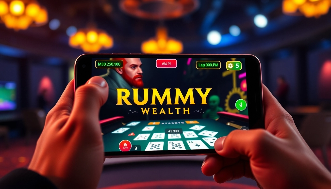 Engage in Rummy Wealth with exciting gameplay on a smartphone displaying vibrant cards and chips.