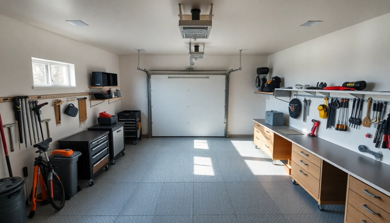 Showcase custom garages design with organized tools and modern storage solutions in an inviting space.