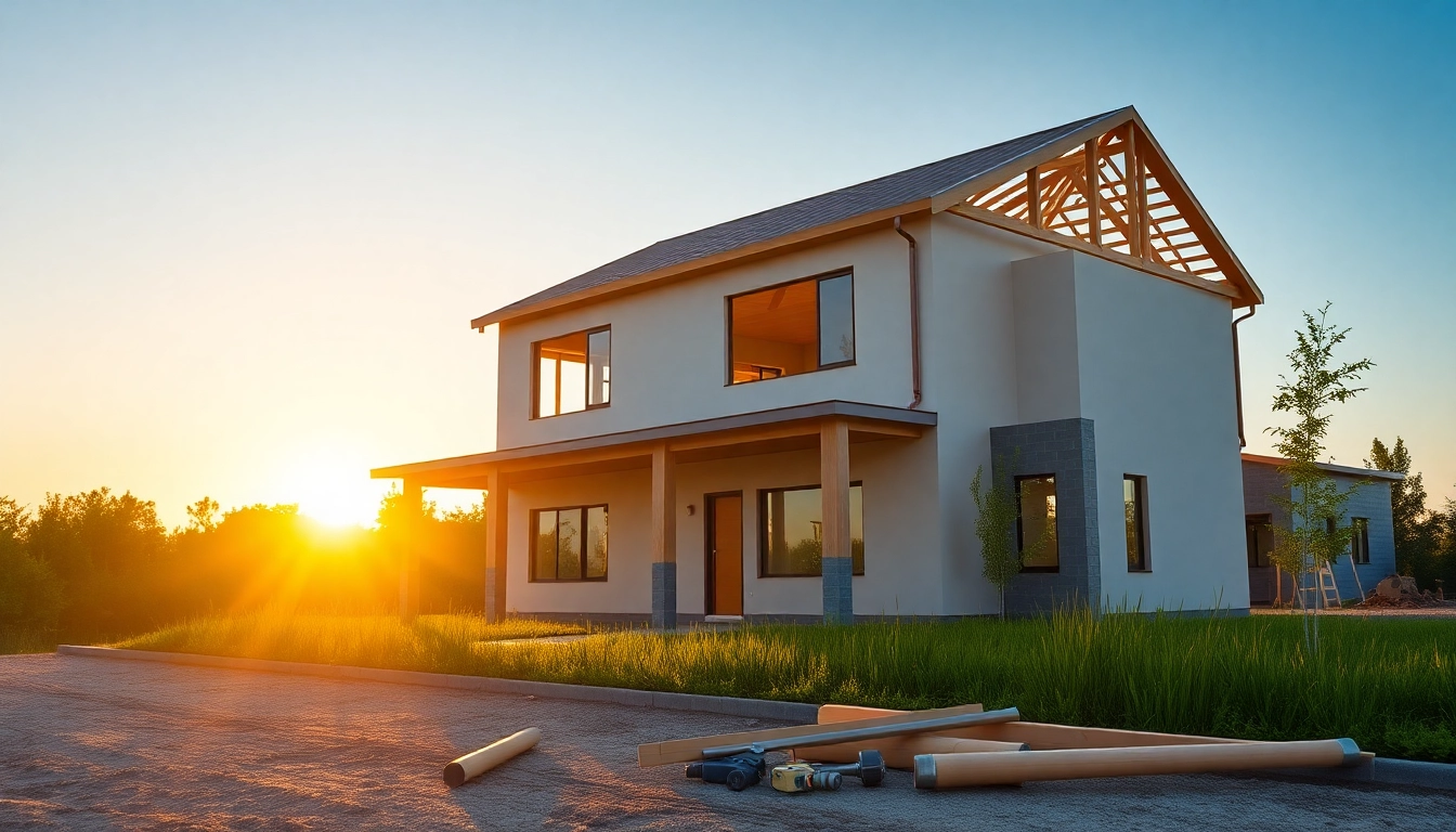 View of new home construction near me with modern architecture and beautiful landscaping.