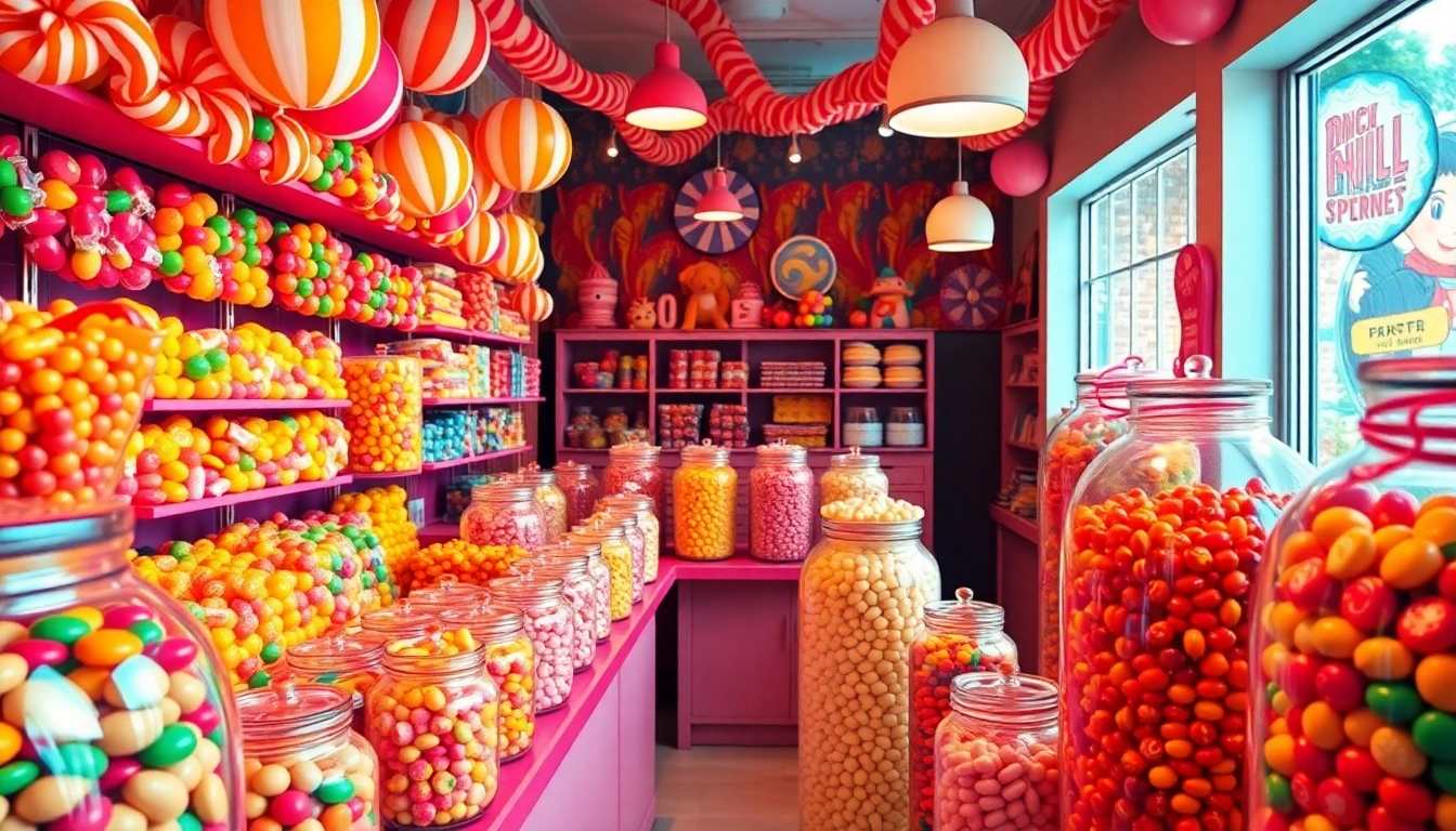 Experience the variety of treats at our candy store near me, with vibrant colored sweets in decorative jars.