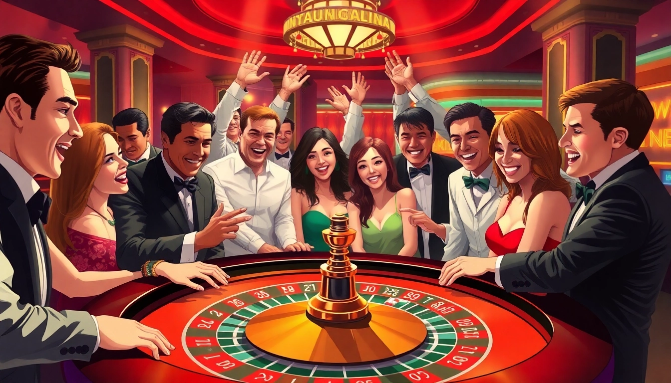 Experience the thrill of deneme bonusu with players celebrating wins at a vibrant casino.