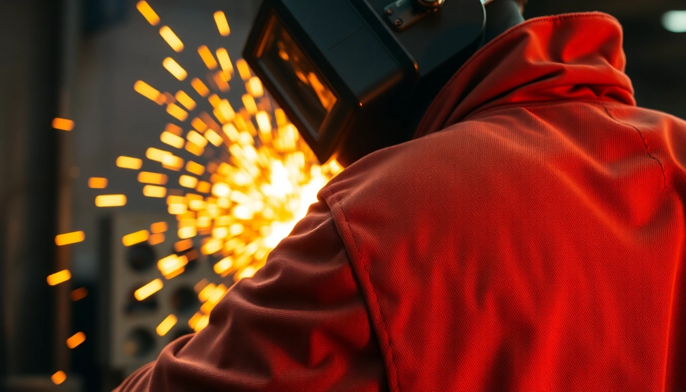 Welder showcasing a durable welding jacket while welding, demonstrating its protective features effectively.