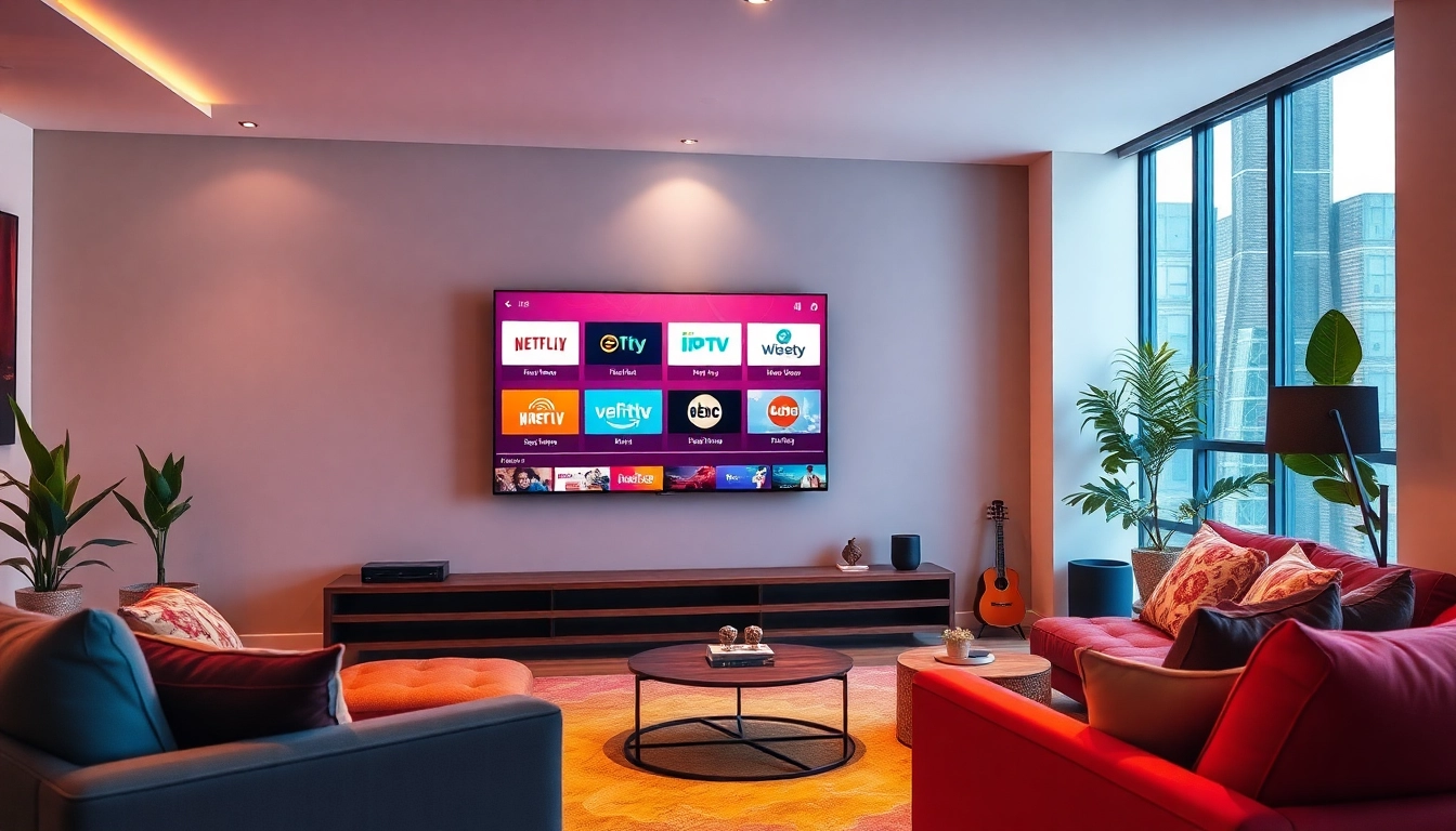 Engage with IPTV Suisse offerings in a vibrant living room setting highlighting various channels.