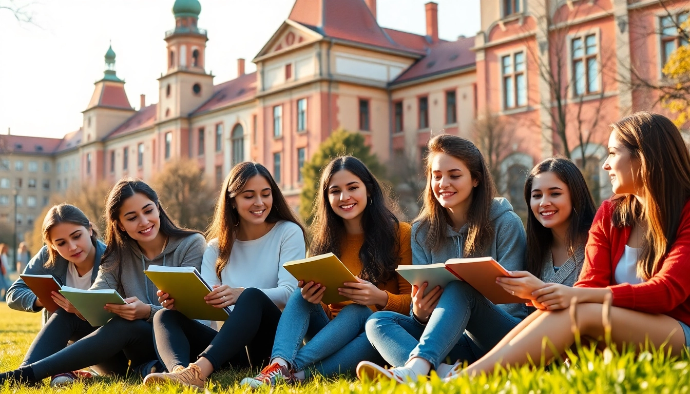 Students engaged in Polonya'da Üniversite Eğitimi amidst historic architecture, representing diversity in education.