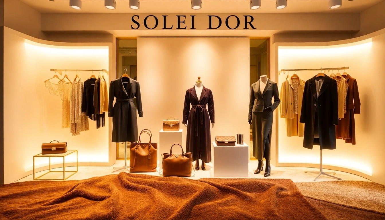 Showcasing Soleil Dor's luxurious fashion collection with elegant designs and warm colors.