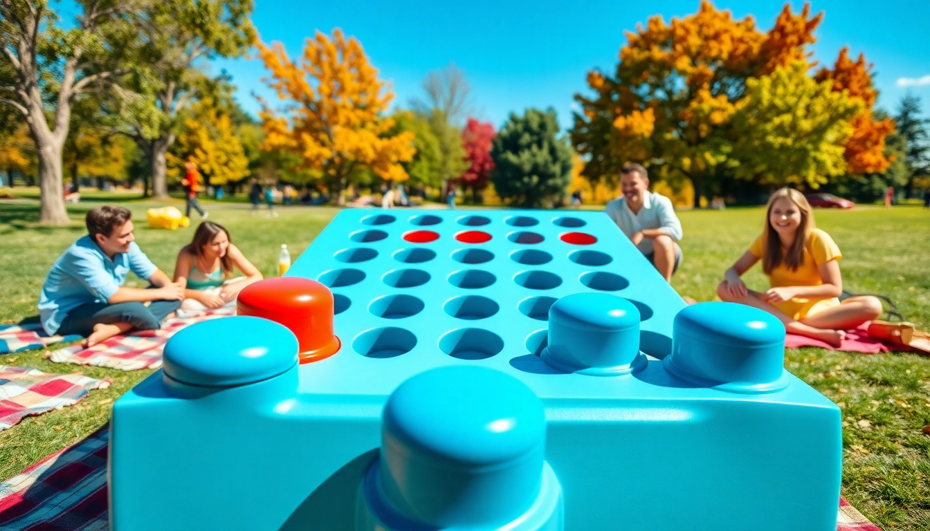 Playful group enjoying a game of Giant Connect Four in a sunny park, highlighting social interaction.