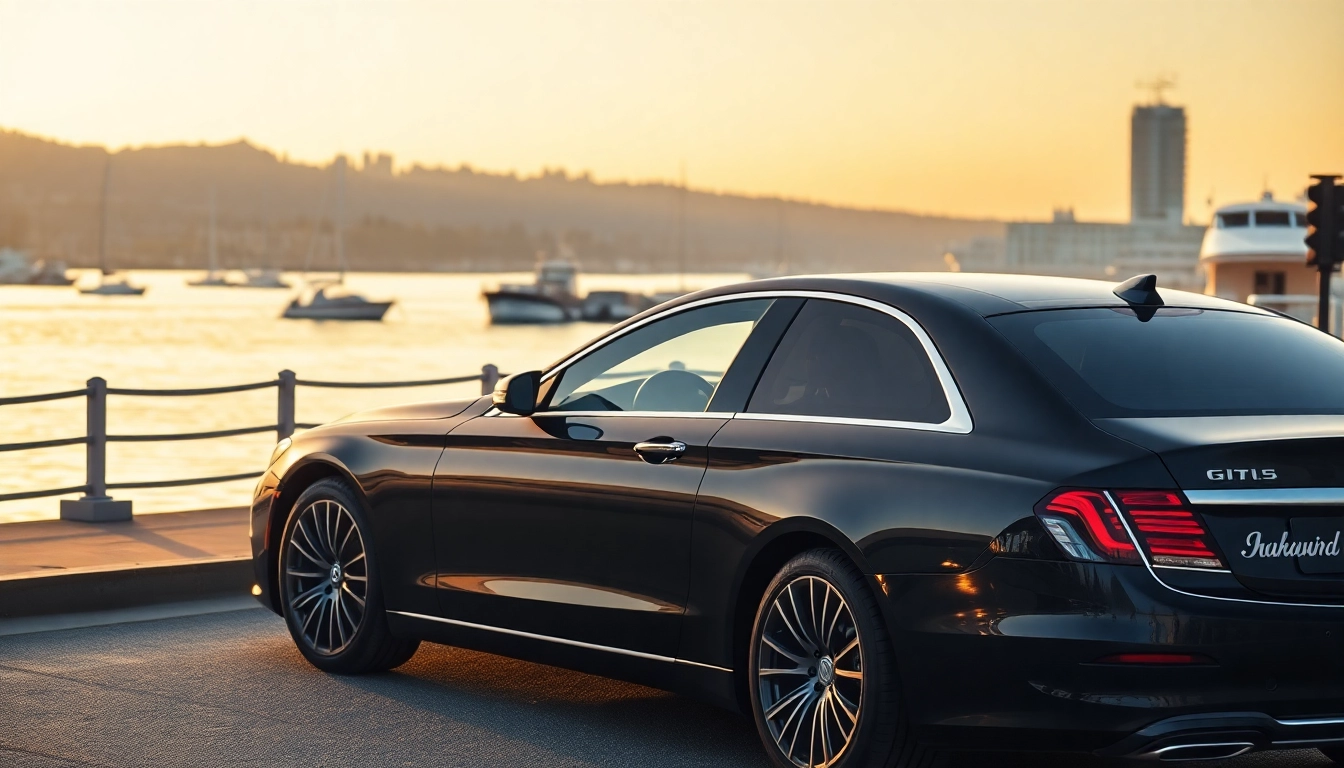 Experience a professional chauffeur service Vancouver with a luxurious black sedan at the scenic waterfront.