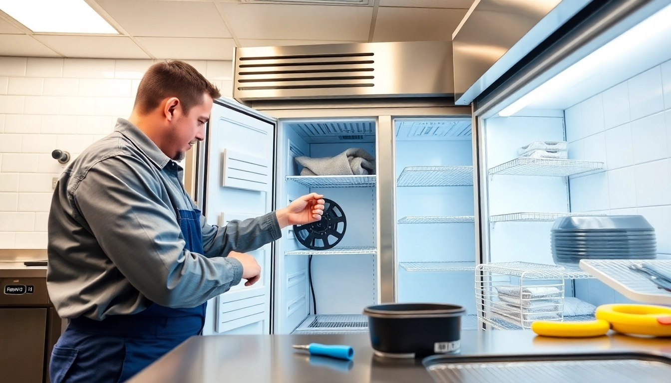 Expert technician conducting walk in freezer repair in a professional kitchen setting.