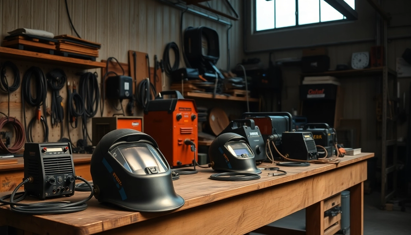 Showcase of welding supplies including helmets and machines in a bright workshop environment