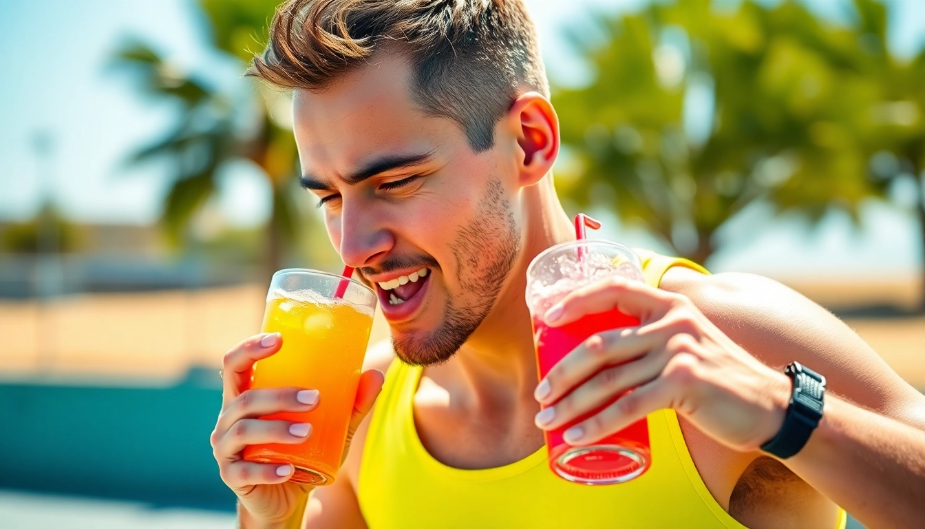 Rejuvenating with a sportsdrink, showcasing lively energy and vibrant colors in an outdoor scene.