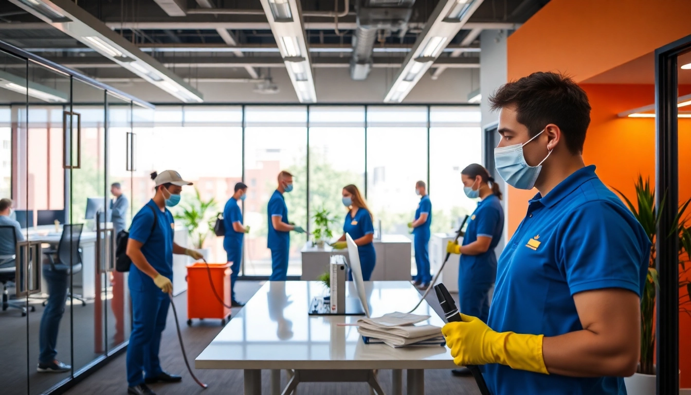 Jacksonville commercial cleaning service team sanitizing an office space, showcasing expertise and cleanliness.