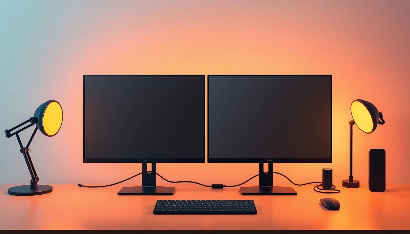 Setup a dual monitor install to enhance multitasking in a modern workspace with sleek design.