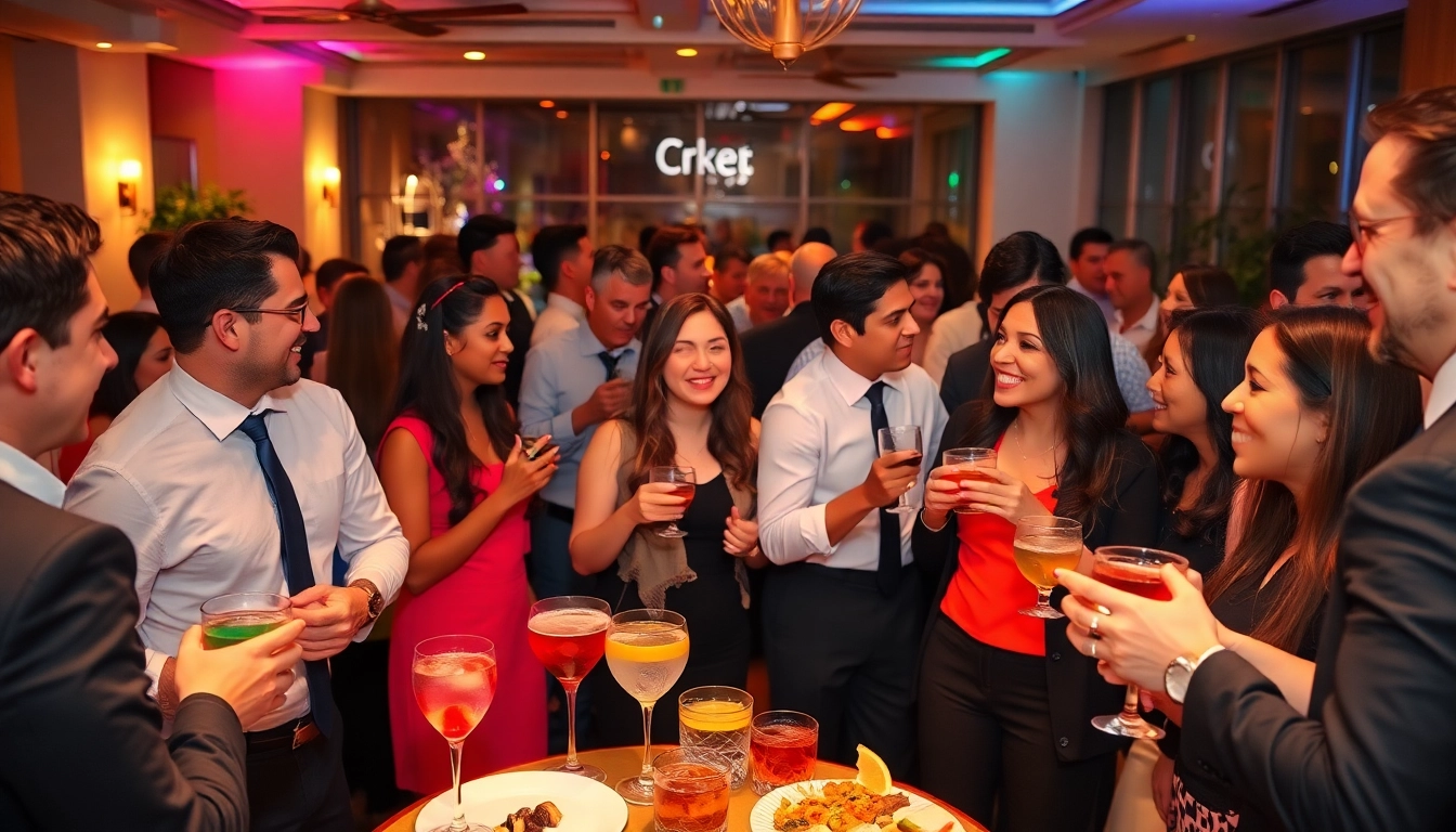 Exciting after work party with professionals mingling and enjoying drinks and appetizers in a vibrant setting.