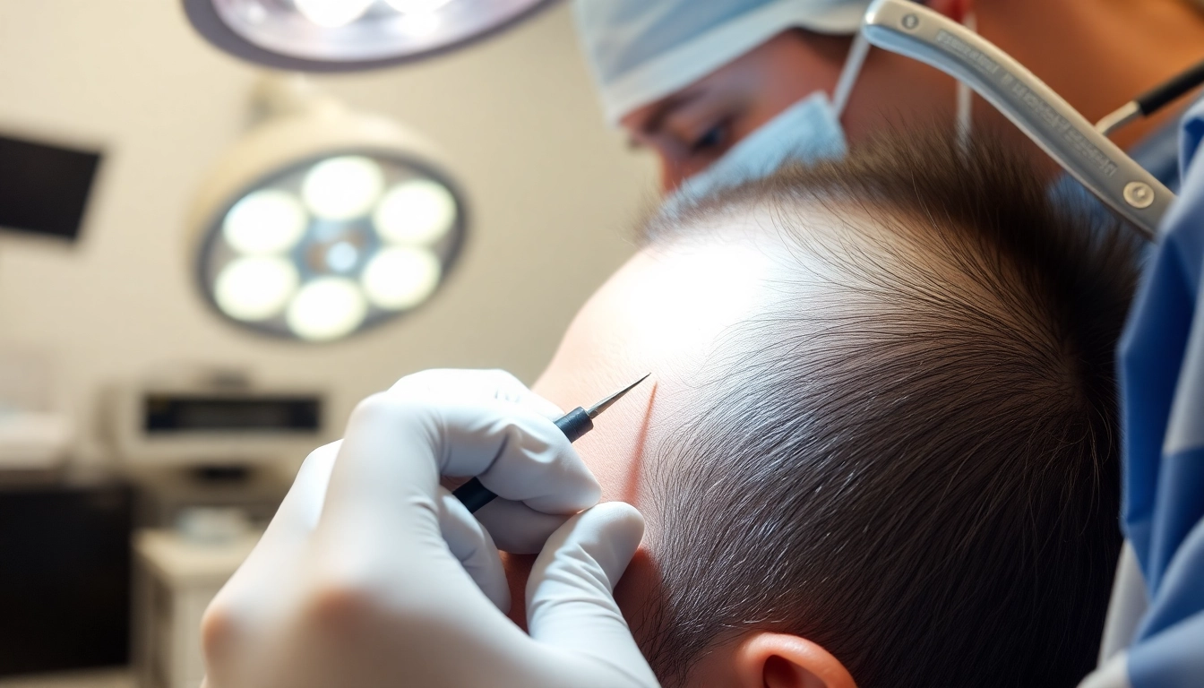 Surgeon performing a hair transplant procedure with precision and focus on a patient.