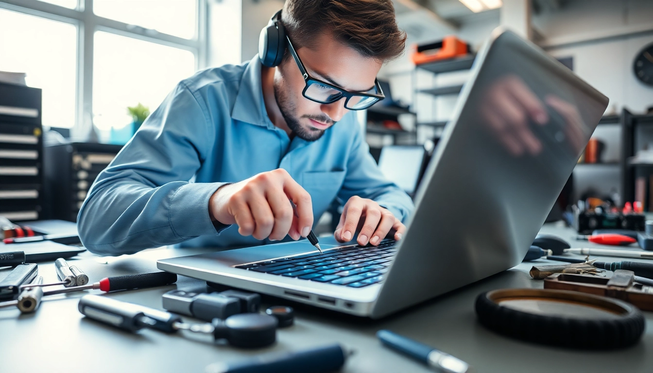 Riparazione pc torino: tecnico esperto mentre ripara un laptop in un ambiente moderno.