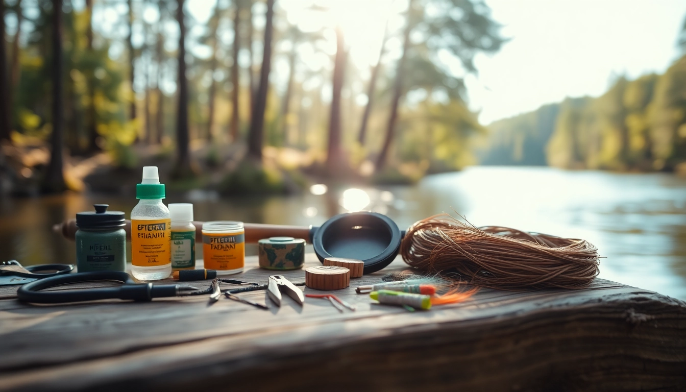 Showcase of essential fly fishing accessories including nippers and floatants on a rustic table.