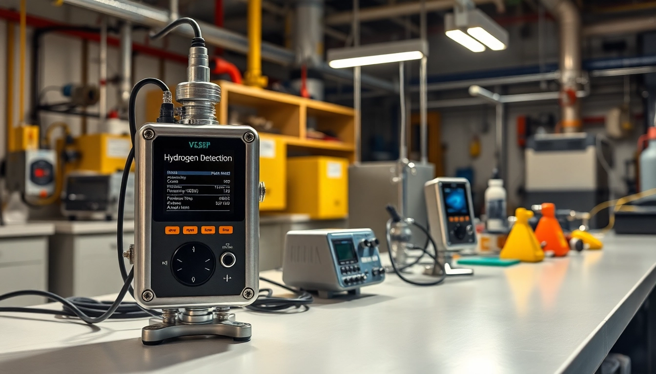 Showcasing hydrogen detection equipment in a laboratory, highlighting advanced sensors and safety measures.