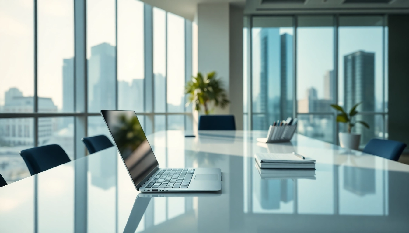 Showcases a professional workspace with a registered office address highlighting modern design and organization.