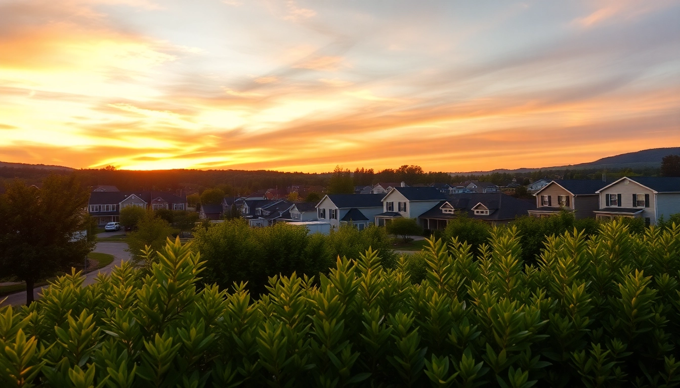 Clarksburg landscape at sunset showcasing vibrant colors and charming homes.