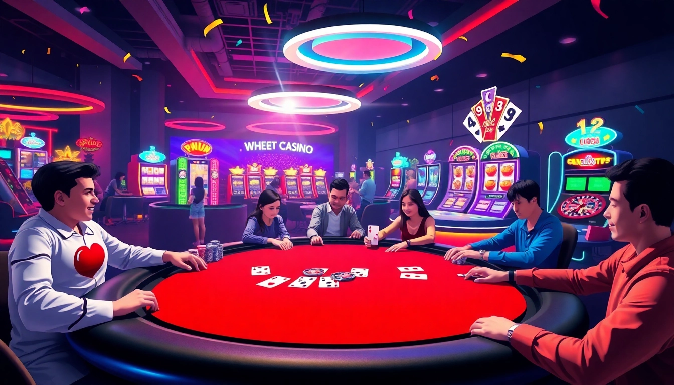 Engaged players at internet casinos enjoying poker and slot machines in a vibrant atmosphere.