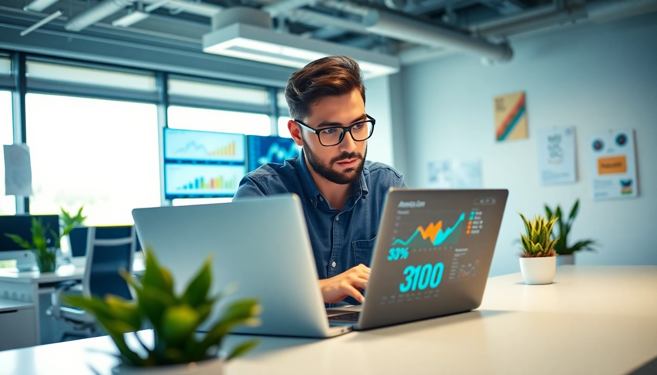 Analyze strategies as an Amazon growth partner in a modern office environment.