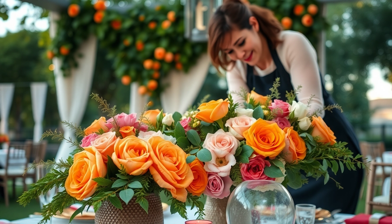 Orange County event florist arranging vibrant flowers for a wedding, creating a romantic atmosphere.