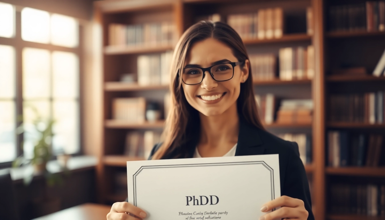 Holding a PhD diploma, this professional emphasizes where to buy phd degree with a proud expression.