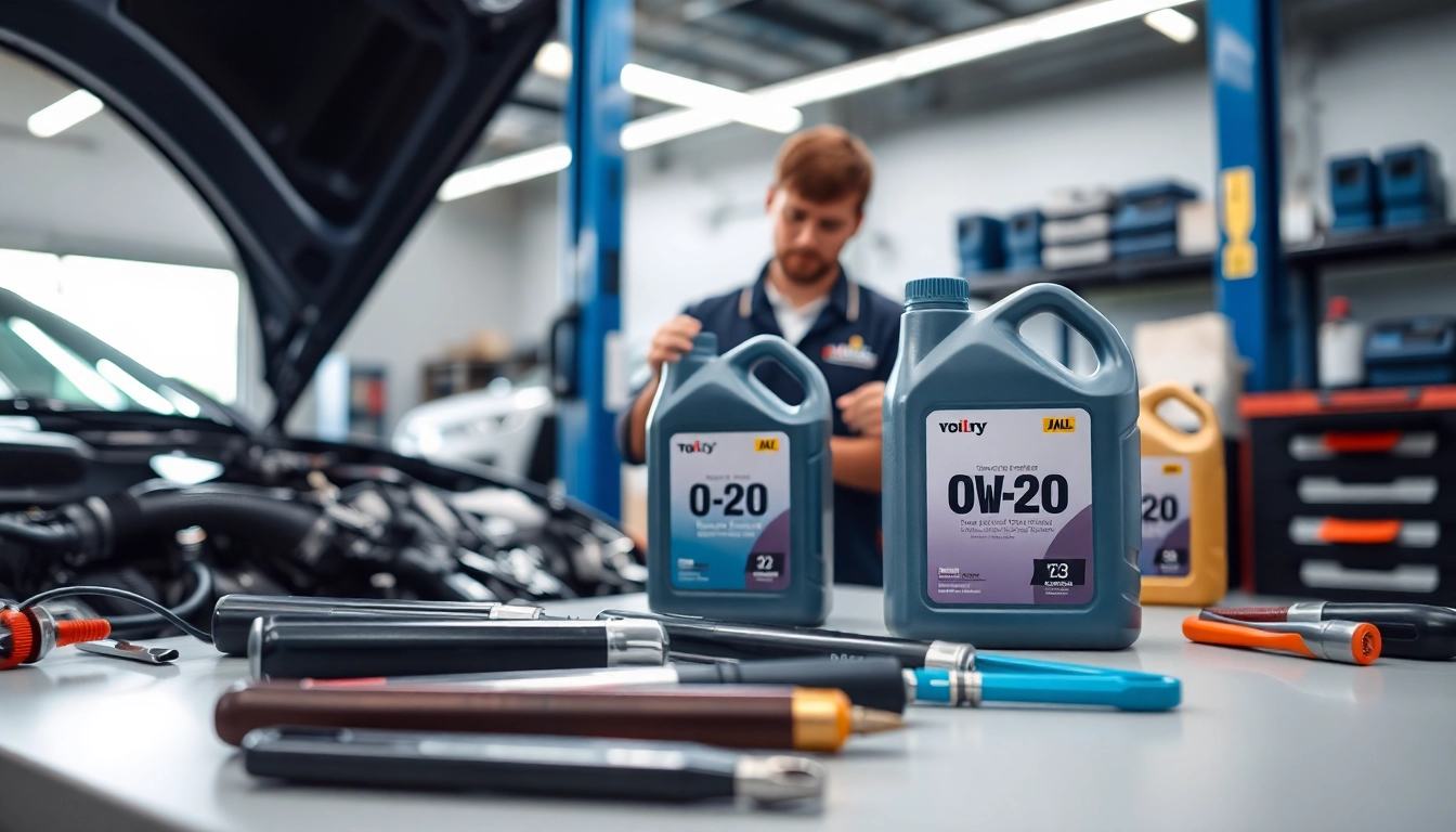 Technician pouring 0W-20 oil into an engine during a service.