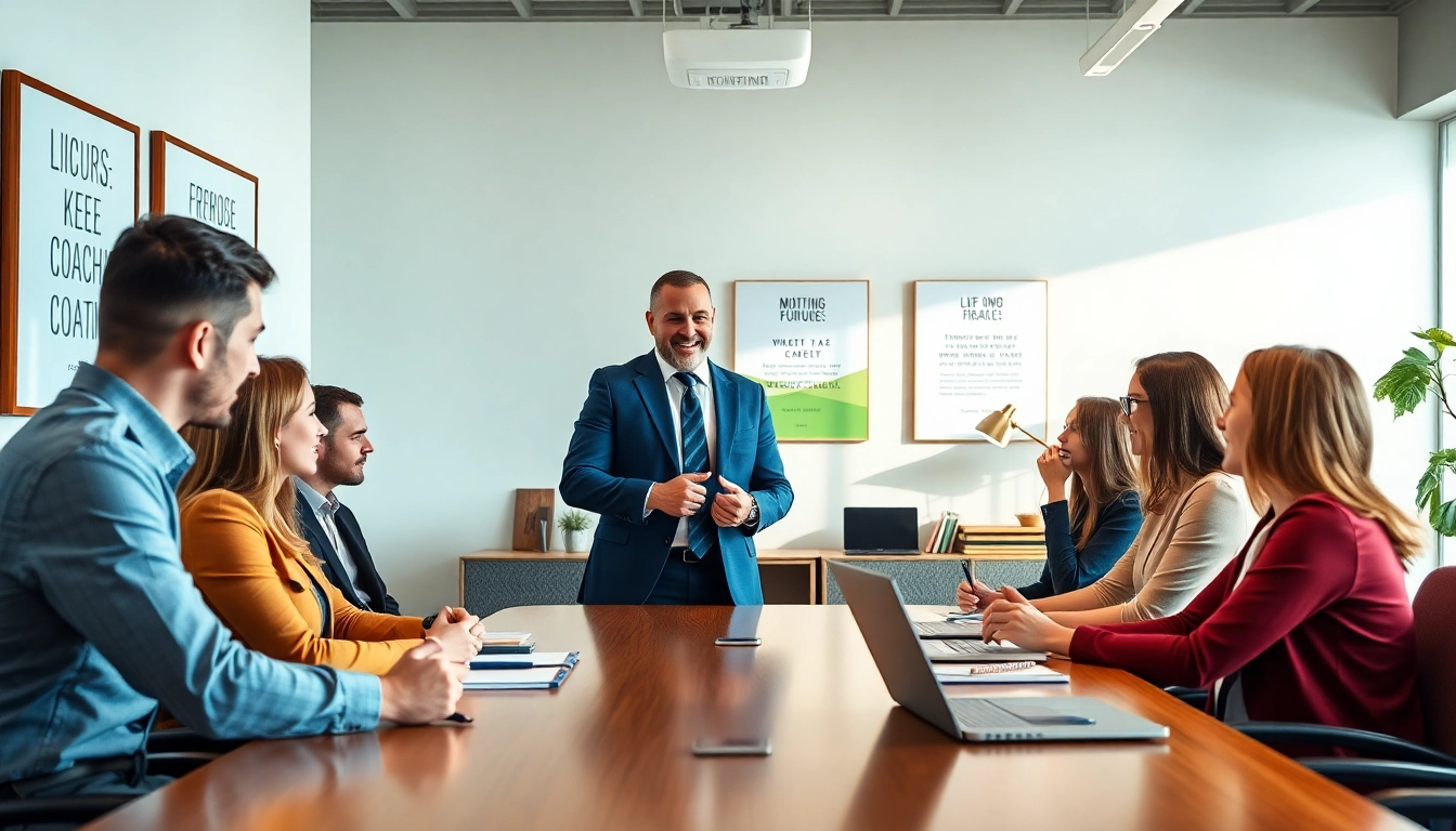 Engaging business coaching service session showcasing a confident coach with diverse clients.
