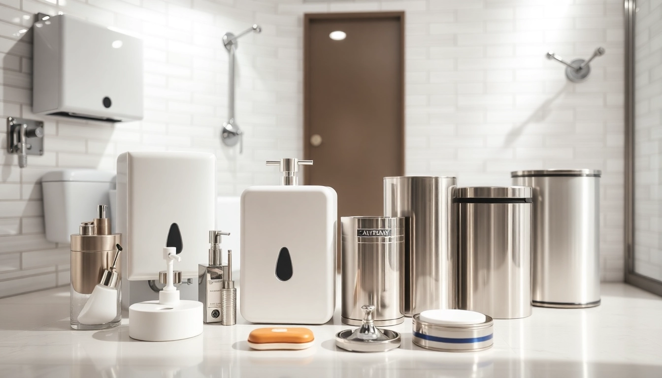 Explore commercial restroom supplies including hand dryers and soap dispensers in a minimalist restroom setting.