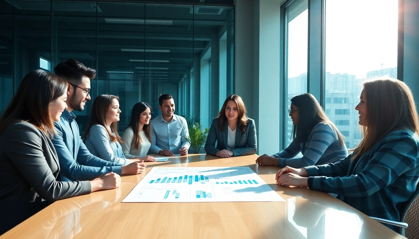 Teams strategizing a digital strategy in a modern office setting, showcasing cooperation and innovation.