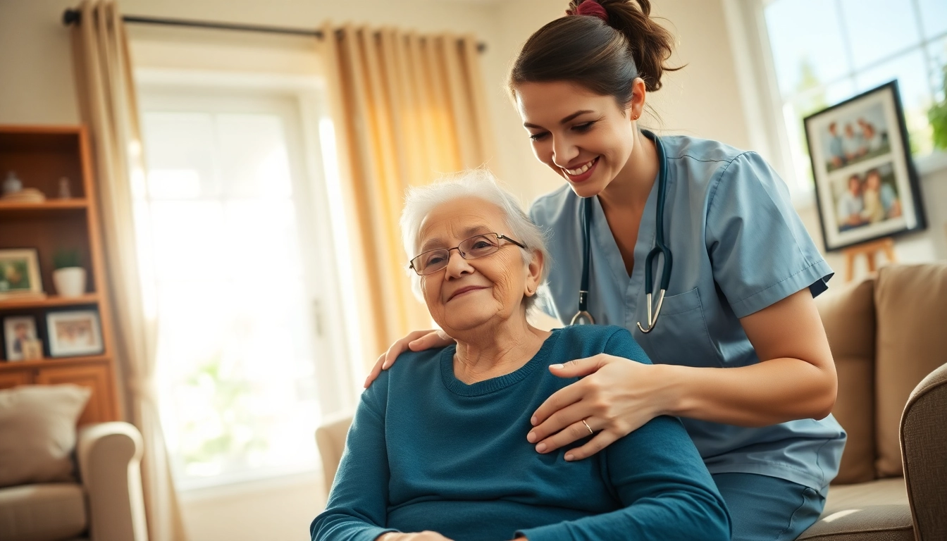 Engaging austin senior home care scene with a caregiver assisting an elderly client in a welcoming living room.