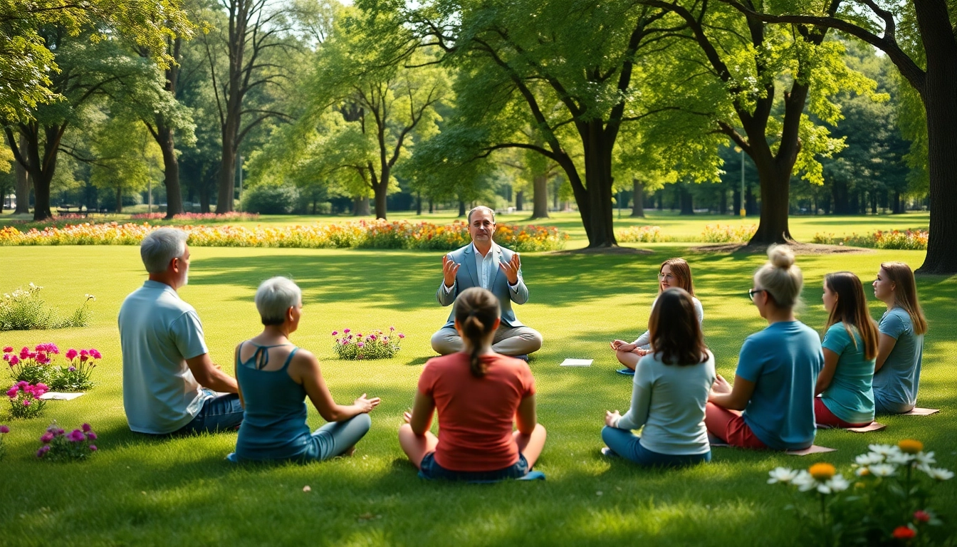 Mindfulness Coach UK guiding a meditation session outdoors, promoting relaxation and focus.