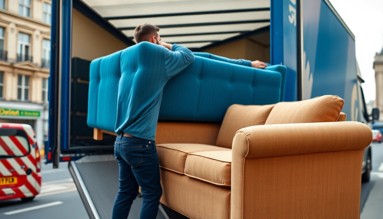 Efficient furniture removals London service with professional movers loading a sofa into a truck.