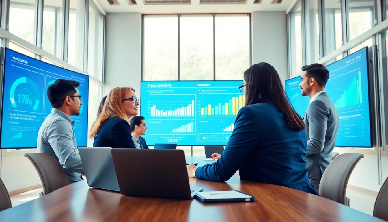 Discussing trade agreements in a modern conference room with diverse professionals.