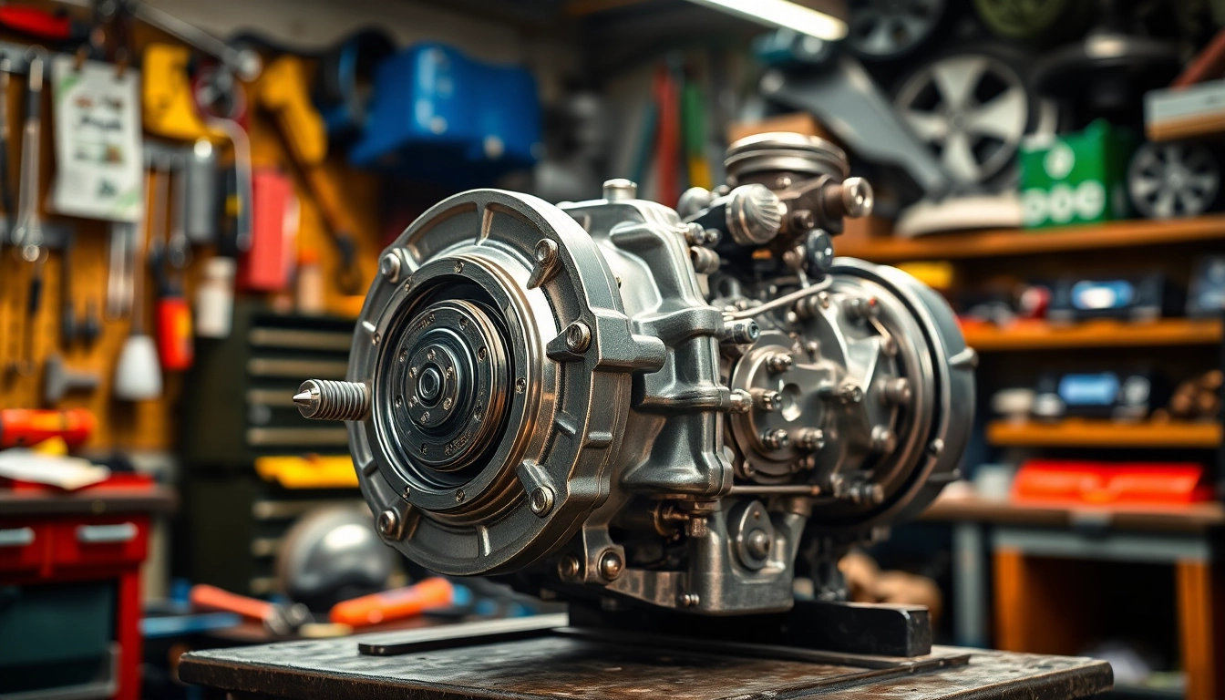 Showcasing a gearbox syncro in detail on a workbench amid workshop tools.