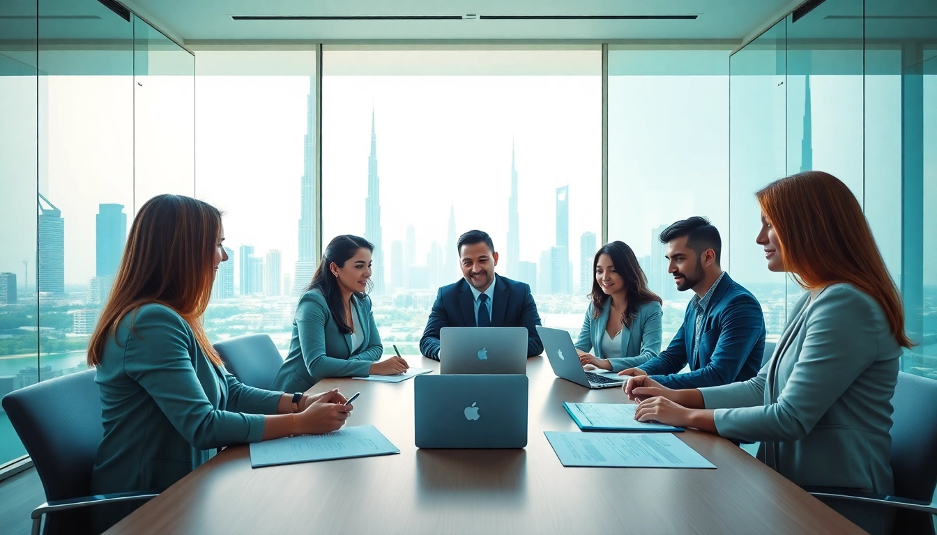 Business professionals engaged in trademark registration in Dubai, with documents and skyline backdrop.