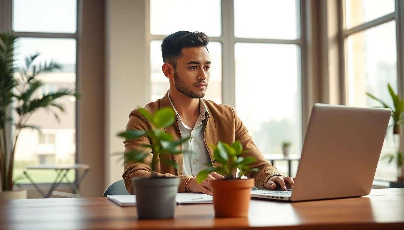 Showcasing gentle ambition, a focused entrepreneur in a bright workspace embodies professional growth.