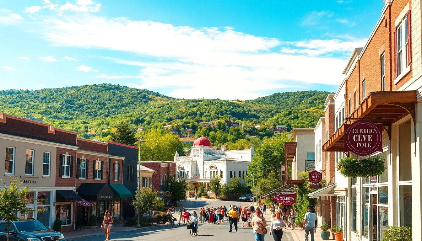 Experience the bustling streets of Clarksburg highlighted by local shops and scenic views.