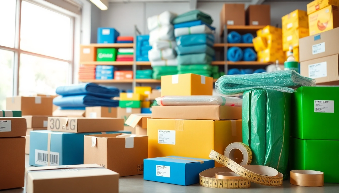 Packing Materials arrayed in a professional store, showcasing boxes, wraps, and tape in a vibrant display.