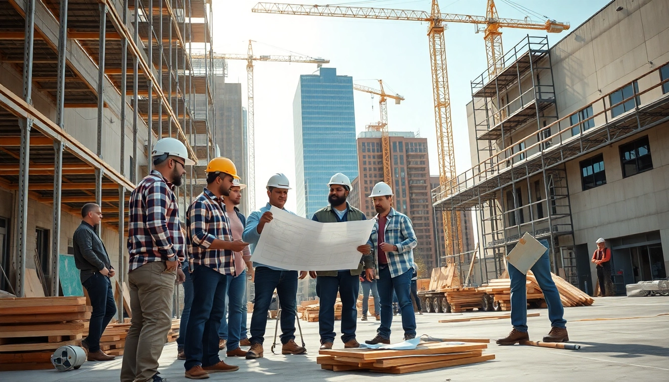 Workers engaged in austin construction project, showcasing teamwork and diverse skills in action.