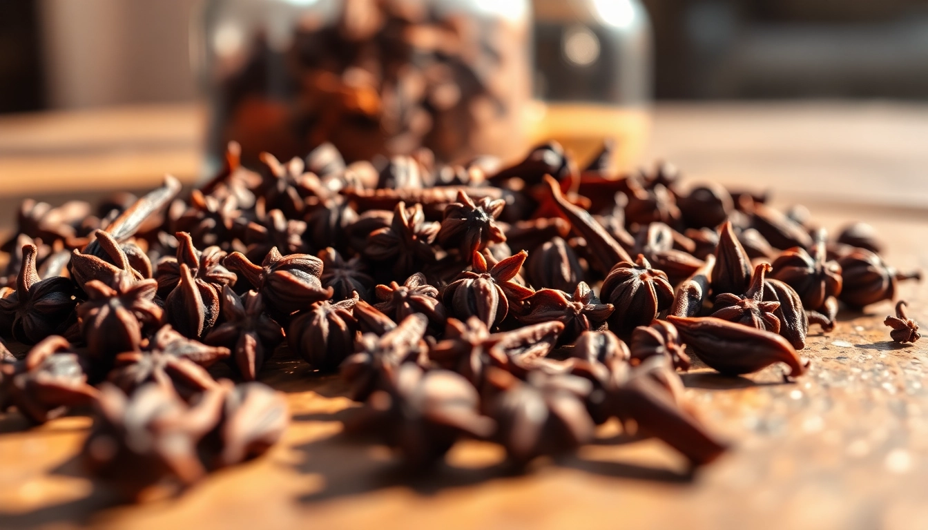 Whole cloves beautifully arranged on a wooden surface, showcasing their rich texture and color.