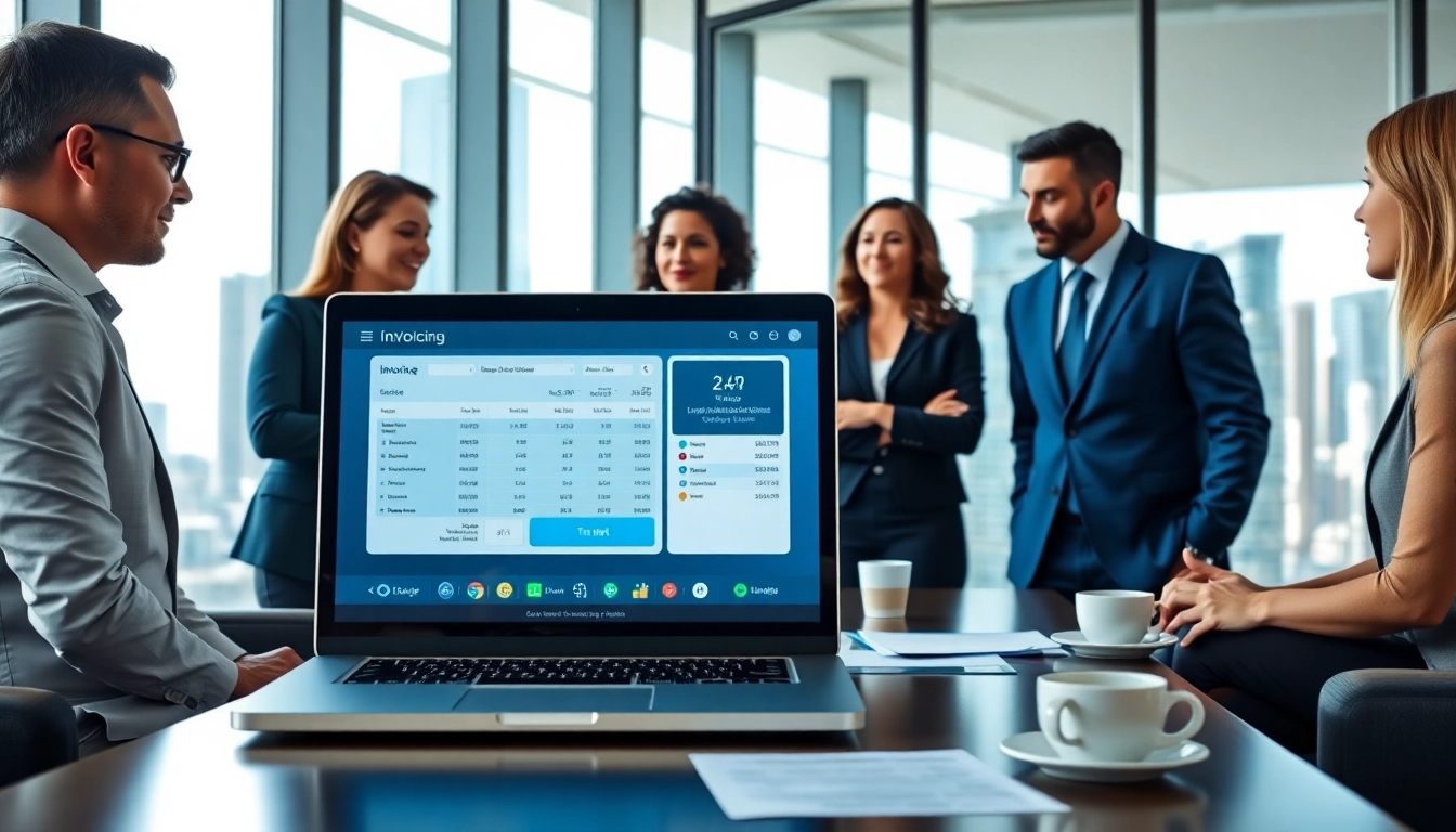 Business professionals collaborating on AR invoicing and collections in a modern conference room.