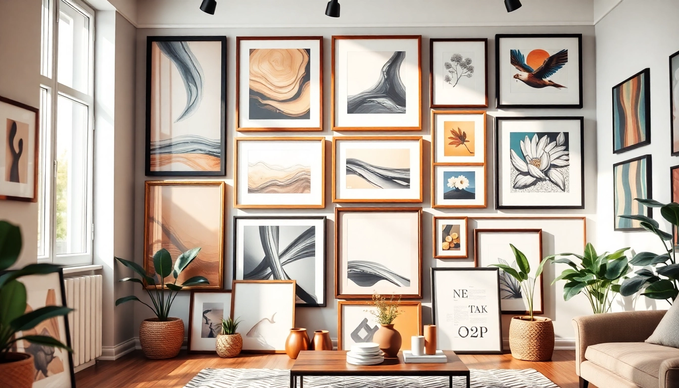 Display of large frames in a modern art gallery setting, highlighting various styles and sizes.