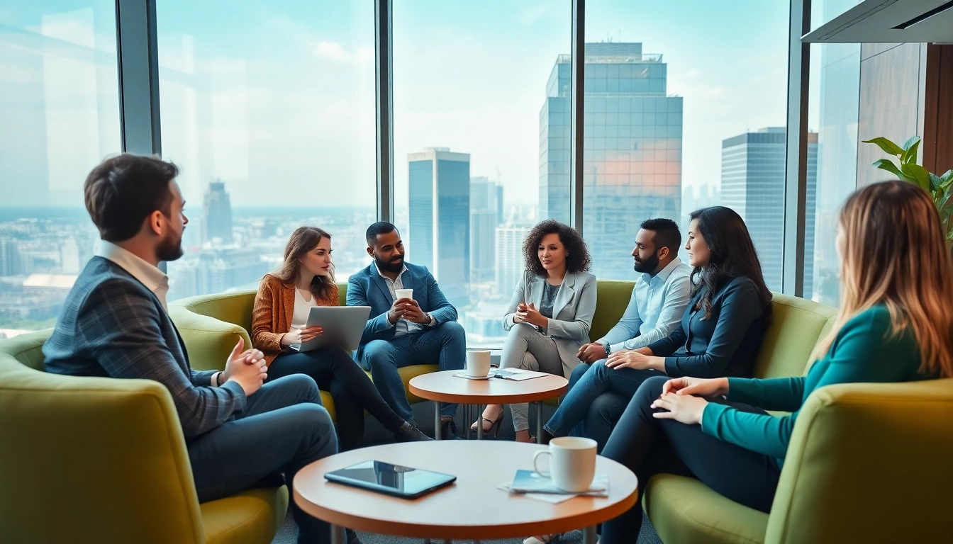 Business coaching service session in a collaborative office setting with engaged professionals.