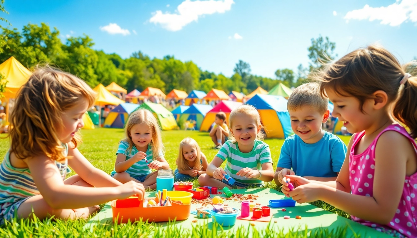 Children enjoying fun activities at holiday camps surrounded by colorful tents and nature.