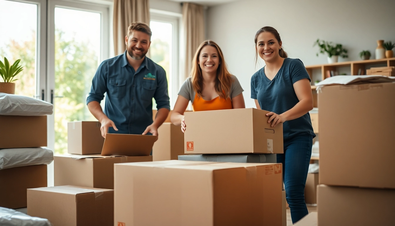 Experienced team from a moving company Canada efficiently packing boxes in a bright, cheerful setting.