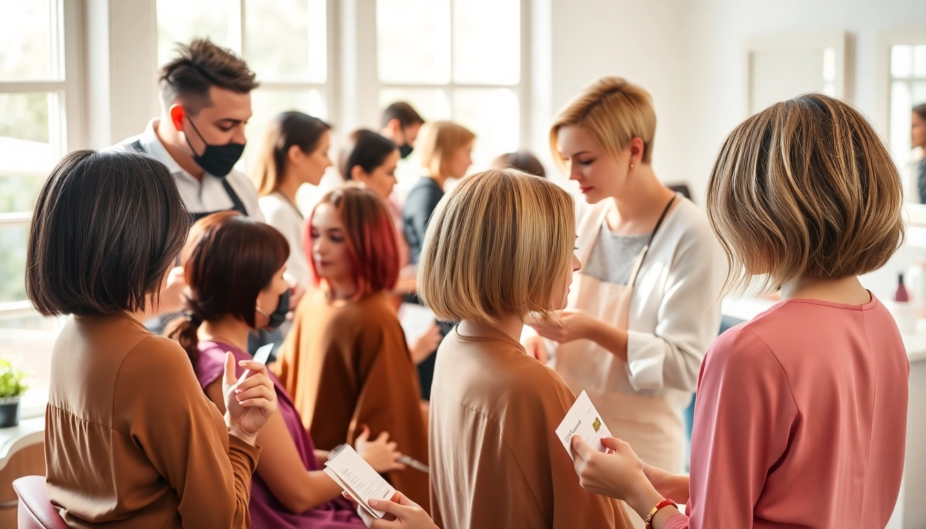 Showcase of hairstyles for thin hair with stylish short cuts and vibrant colors in a salon.
