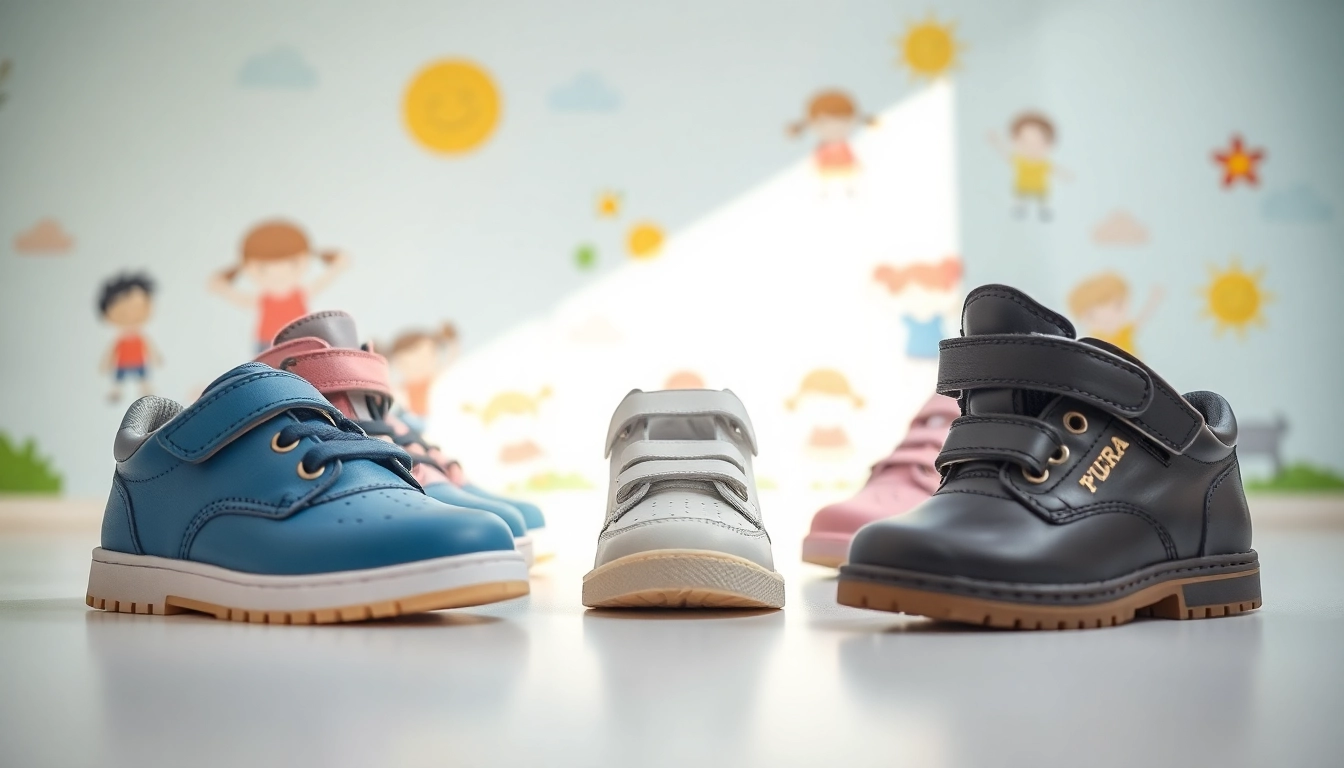 Orthopädische Kinderschuhe in bunten Designs, ideal für aktive Kinderfüße.
