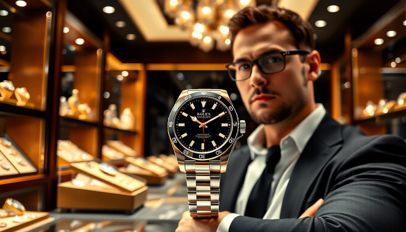 Sell luxury watch showcasing a Rolex in a luxurious jewelry shop setting with bright lighting.